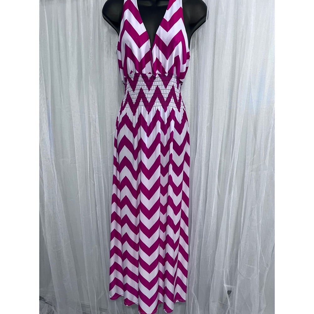 Ace Fashion Pink White Chevron Maxi Dress XL Lace Crochet‎ Back Smocked Waist